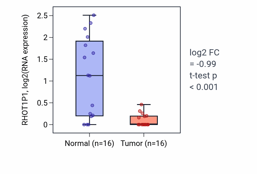 Tumor-vs-normal expression box plot for RHOT1P1 RNA in HNSC.