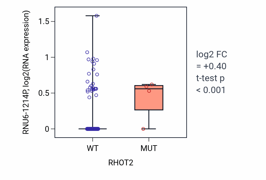 Box plot of RNU6-1214P in RHOT2-low vs RHOT2-high samples in HNSC.