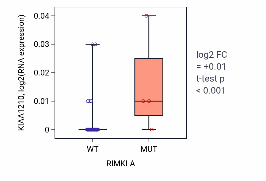 Box plot of KIAA1210 in RIMKLA-low vs RIMKLA-high samples in LARGE_INTESTINE.