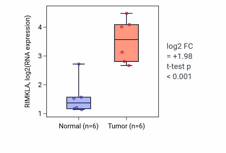 Tumor-vs-normal expression box plot for RIMKLA RNA in KIRC.