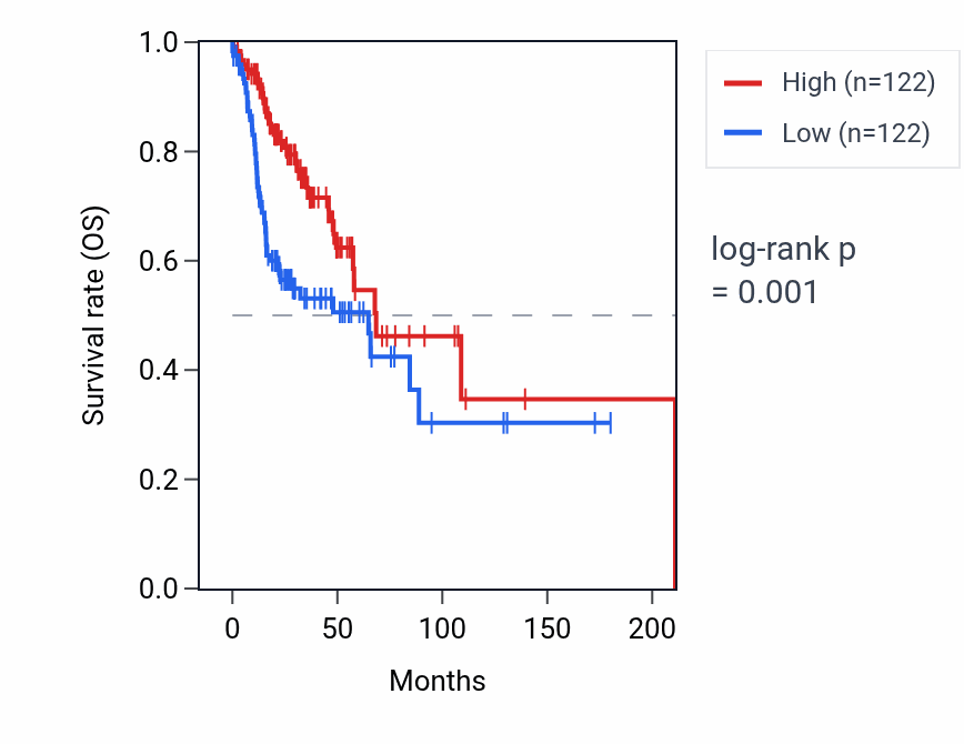 Kaplan&ndash;Meier survival curve for RIMKLBP2 RNA expression in HNSC: high vs low expression groups.