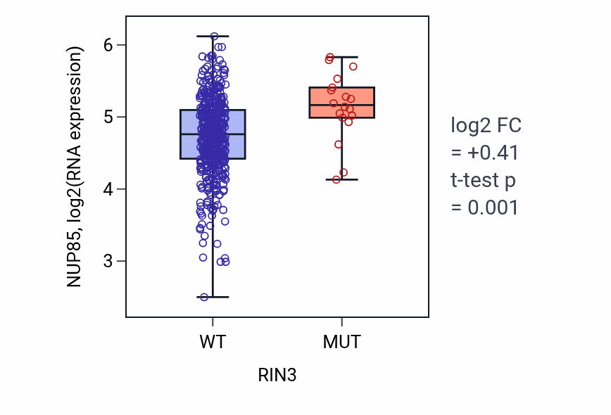 Box plot of NUP85 in RIN3-low vs RIN3-high samples in SKCM.