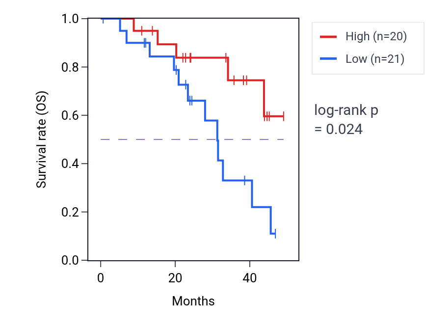 Kaplan&ndash;Meier survival curve for RINT1 mass-spec protein-high vs -low samples in HNSC.
