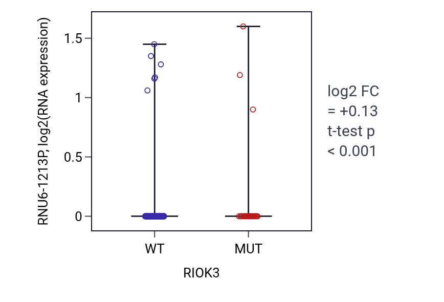 Box plot of RNU6-1213P in RIOK3-low vs RIOK3-high samples in UCEC.