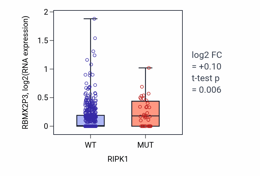 Box plot of RBMX2P3 in RIPK1-low vs RIPK1-high samples in UCEC.
