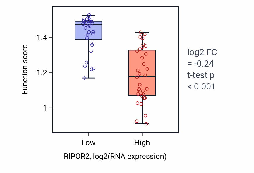Box plot of Regulation of protein localization to cell leading edge in RIPOR2-low vs RIPOR2-high samples in SOFT_TISSUE.