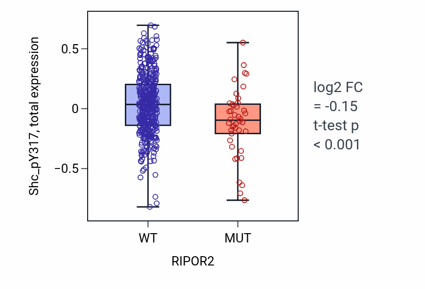 Box plot of Shc_pY317 in RIPOR2-low vs RIPOR2-high samples in UCEC.