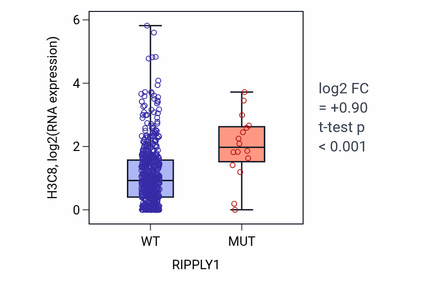 Box plot of H3C8 in RIPPLY1-low vs RIPPLY1-high samples in UCEC.
