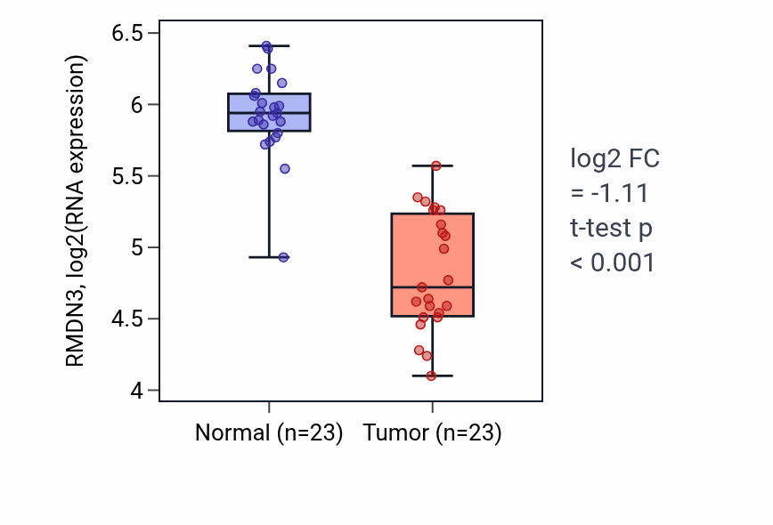 Tumor-vs-normal expression box plot for RMDN3 RNA in LUAD.