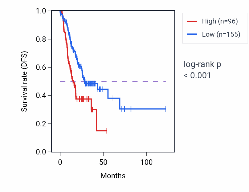 Kaplan&ndash;Meier survival curve for RN7SKP116 RNA expression in STAD: high vs low expression groups.