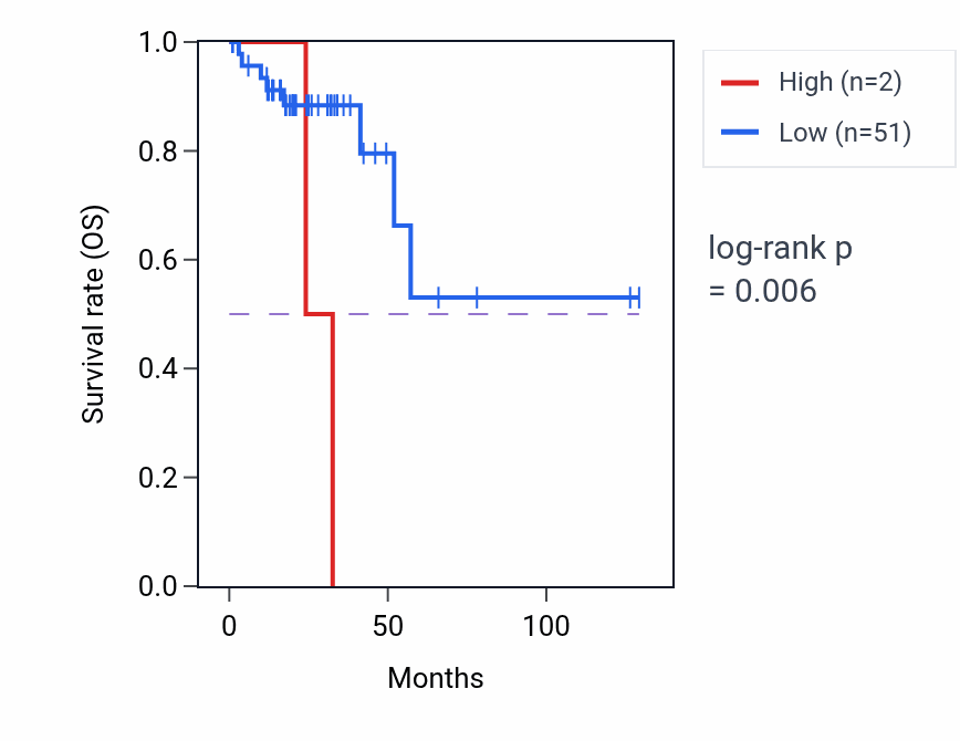 Kaplan&ndash;Meier survival curve for RN7SL177P RNA expression in READ: high vs low expression groups.