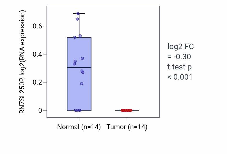 Tumor-vs-normal expression box plot for RN7SL250P RNA in LUSC.
