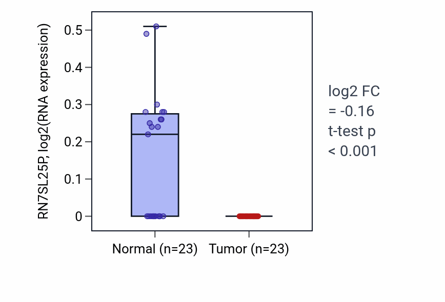 Tumor-vs-normal expression box plot for RN7SL25P RNA in THCA.
