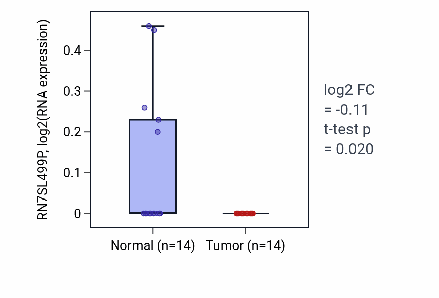 Tumor-vs-normal expression box plot for RN7SL499P in THCA.