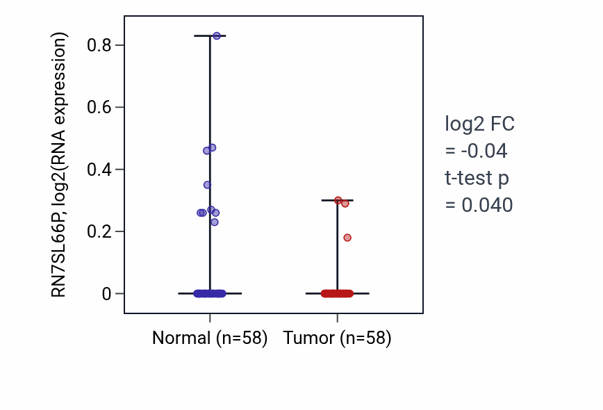 Tumor-vs-normal expression box plot for RN7SL66P in THCA.