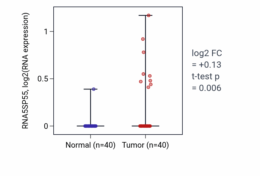 Tumor-vs-normal expression box plot for RNA5SP55 RNA in HNSC.