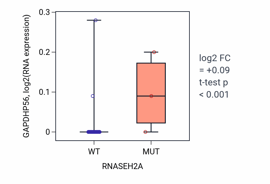 Box plot of GAPDHP56 in RNASEH2A-low vs RNASEH2A-high samples in READ.