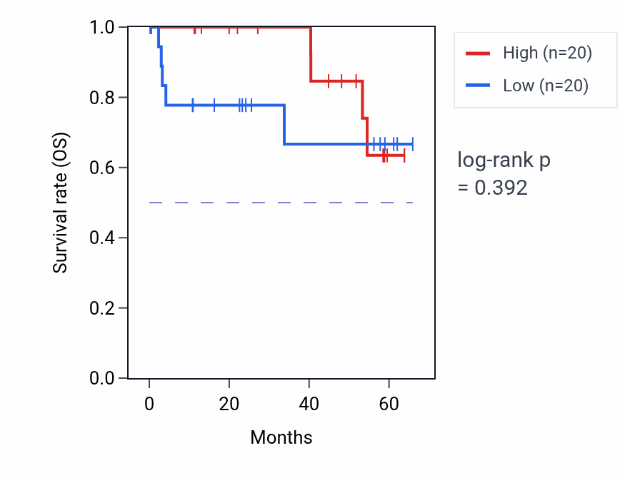 Kaplan&ndash;Meier survival curve for RNF10 mass-spec protein-high vs -low samples in CCRCC.