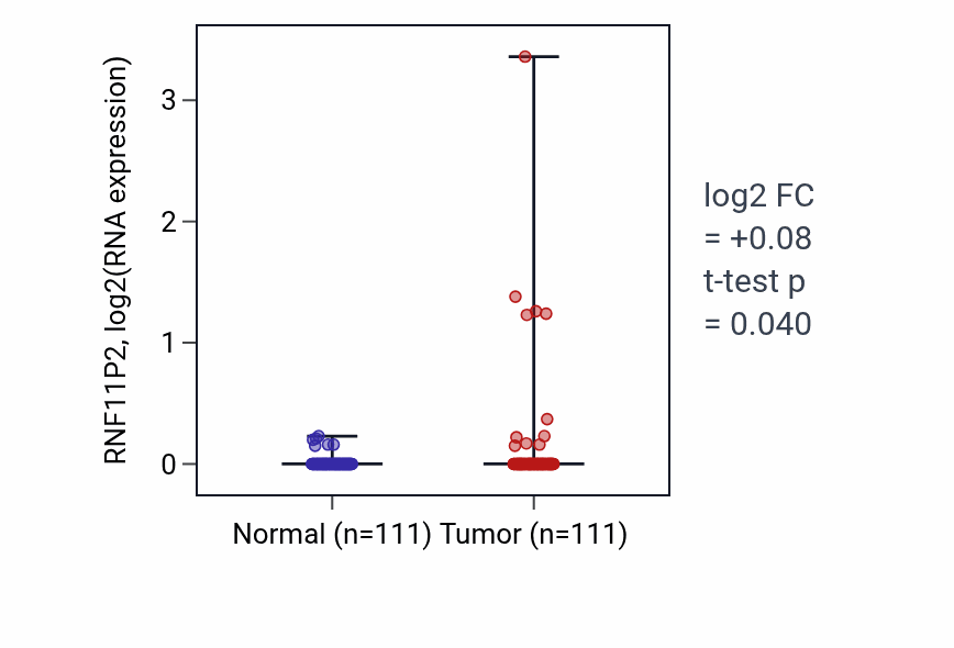 Tumor-vs-normal expression box plot for RNF11P2 in BRCA.