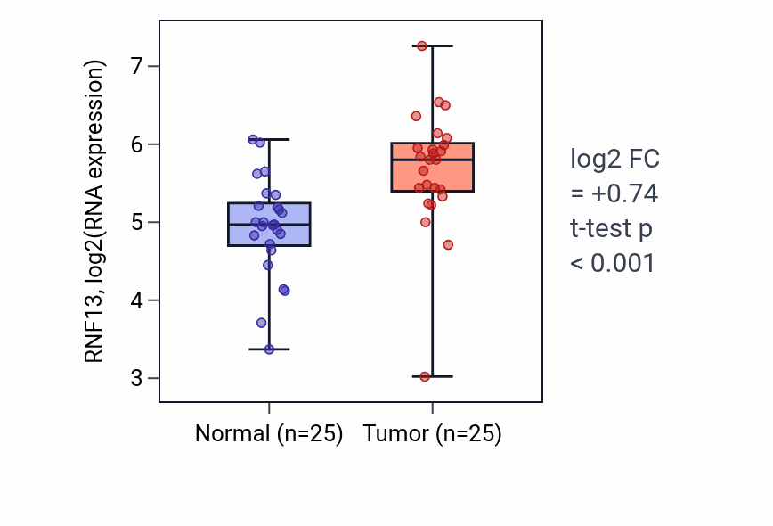 Tumor-vs-normal expression box plot for RNF13 RNA in HNSC.