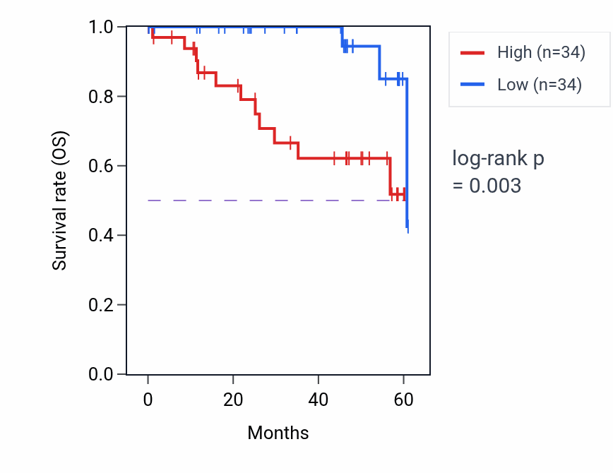 Kaplan&ndash;Meier survival curve for RNF146 mass-spec protein-high vs -low samples in LSCC.