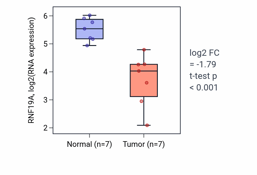 Tumor-vs-normal expression box plot for RNF19A RNA in KICH.