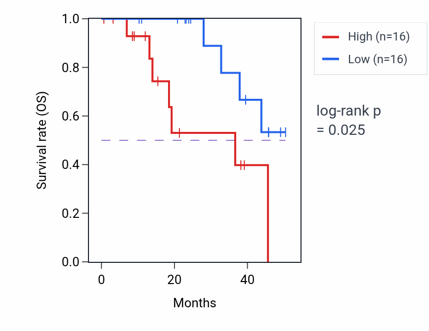 Kaplan&ndash;Meier survival curve for RNF19B mass-spec protein-high vs -low samples in HNSC.