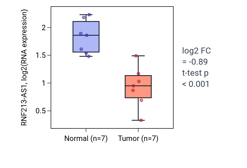 Tumor-vs-normal expression box plot for RNF213-AS1 in THCA.