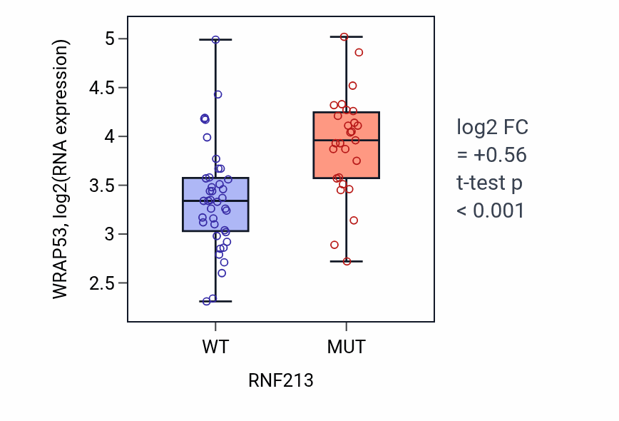 Box plot of WRAP53 in RNF213-low vs RNF213-high samples in LARGE_INTESTINE.