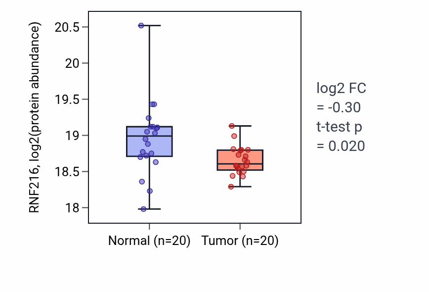 Tumor-vs-normal mass-spec protein box plot for RNF216 in PDAC.