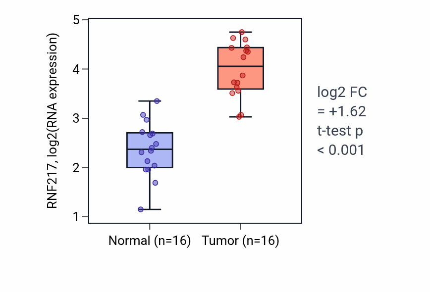Tumor-vs-normal expression box plot for RNF217 RNA in HNSC.