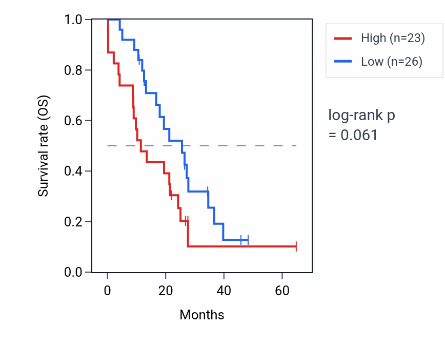 Kaplan&ndash;Meier survival curve for RNF25 mass-spec protein-high vs -low samples in GBM.