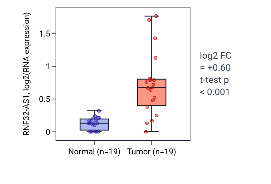 Tumor-vs-normal expression box plot for RNF32-AS1 in COAD.