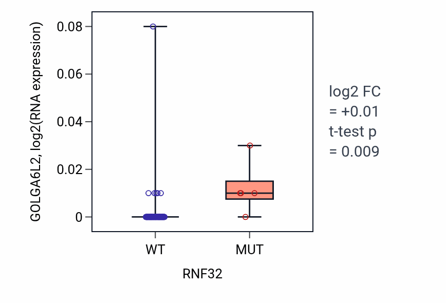Box plot of GOLGA6L2 in RNF32-low vs RNF32-high samples in BLOOD_Leukemia.