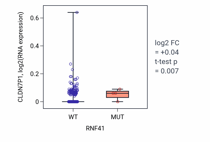 Box plot of CLDN7P1 in RNF41-low vs RNF41-high samples in BRCA.