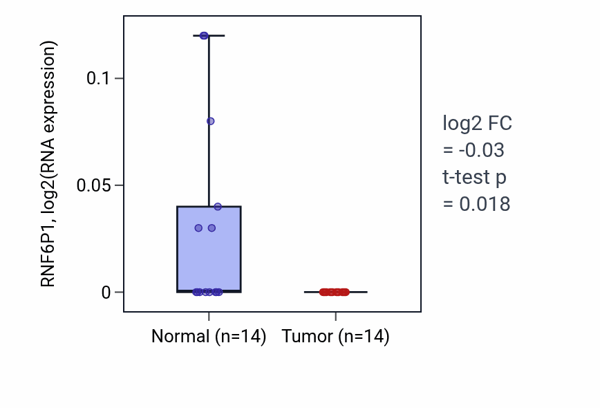 Tumor-vs-normal expression box plot for RNF6P1 in THCA.