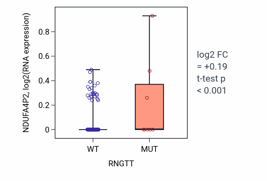 Box plot of NDUFA4P2 in RNGTT-low vs RNGTT-high samples in SKCM.