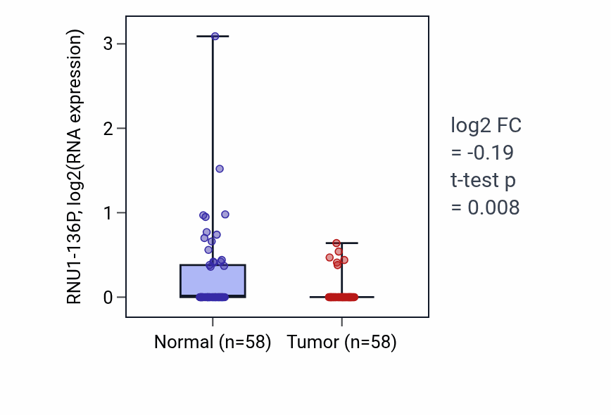 Tumor-vs-normal expression box plot for RNU1-136P in THCA.