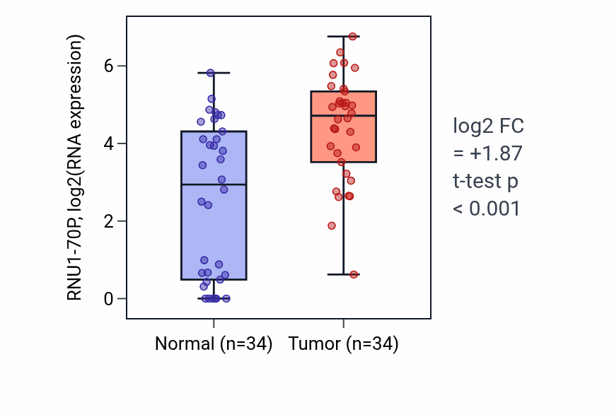 Tumor-vs-normal expression box plot for RNU1-70P in KIRC.