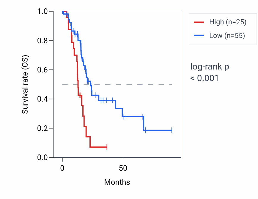 Kaplan&ndash;Meier survival curve for RNU2-28P RNA expression in PAAD: high vs low expression groups.