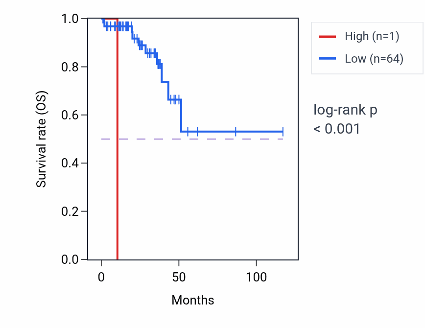 Kaplan&ndash;Meier survival curve for RNU4-60P RNA expression in READ: high vs low expression groups.