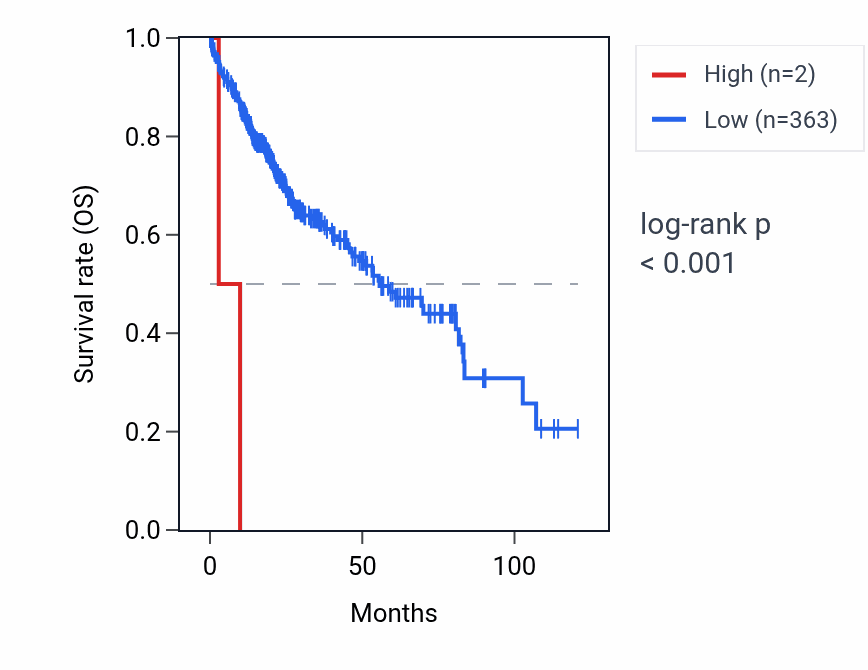 Kaplan&ndash;Meier survival curve for RNU4-63P RNA expression in LIHC: high vs low expression groups.