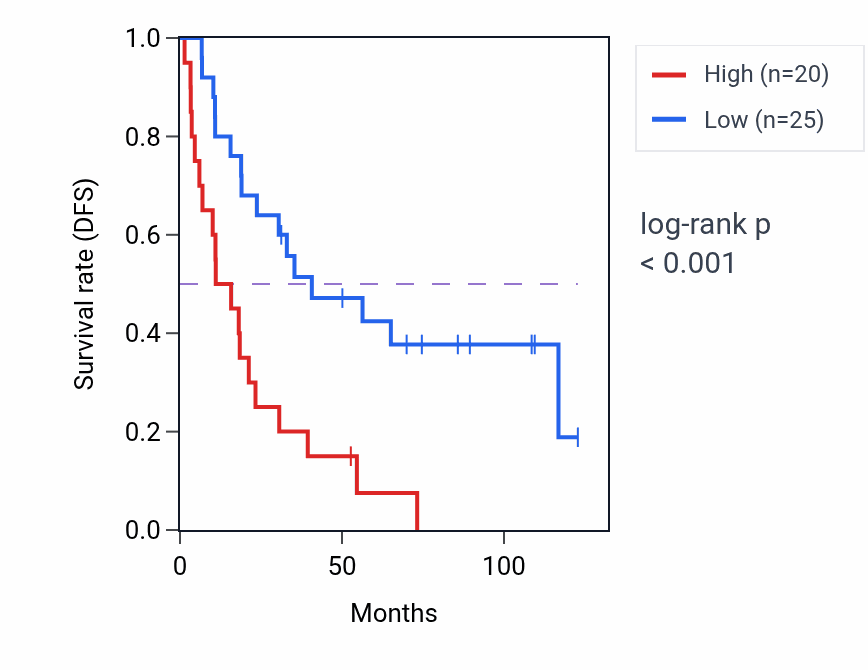 Kaplan&ndash;Meier survival curve for RNU4-89P RNA expression in KIRC: high vs low expression groups.