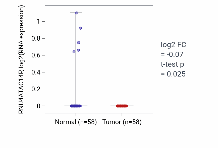 Tumor-vs-normal expression box plot for RNU4ATAC14P in THCA.