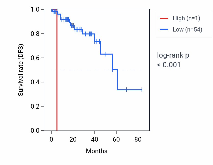 Kaplan&ndash;Meier survival curve for RNU6-1081P RNA expression in THCA: high vs low expression groups.