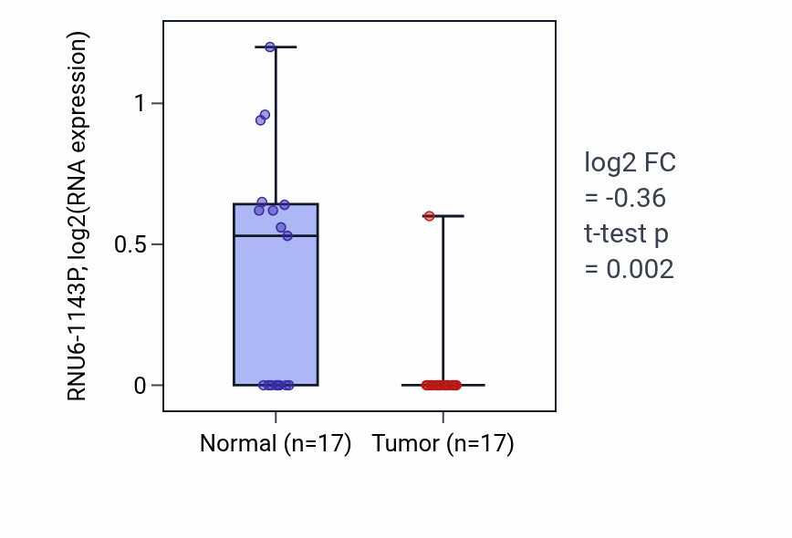 Tumor-vs-normal expression box plot for RNU6-1143P in THCA.