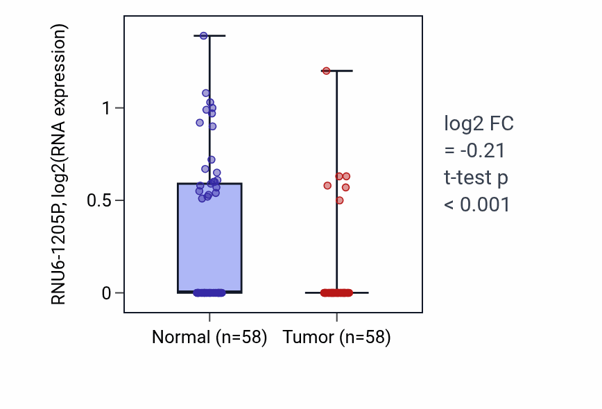 Tumor-vs-normal expression box plot for RNU6-1205P in THCA.