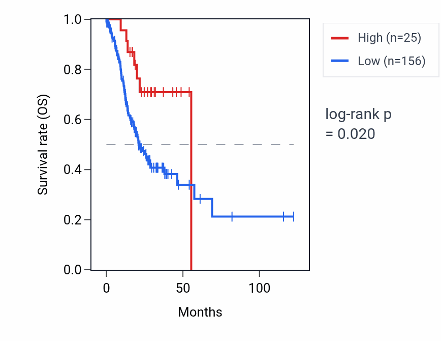 Kaplan&ndash;Meier survival curve for RNU6-215P RNA expression in STAD: high vs low expression groups.