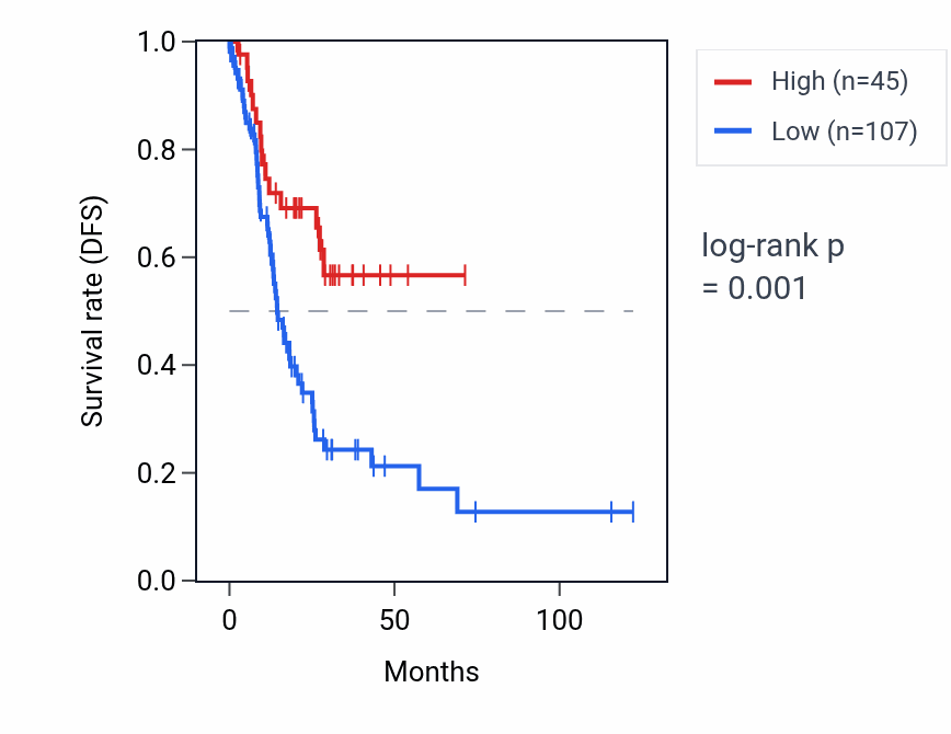 Kaplan&ndash;Meier survival curve for RNU6-318P RNA expression in STAD: high vs low expression groups.