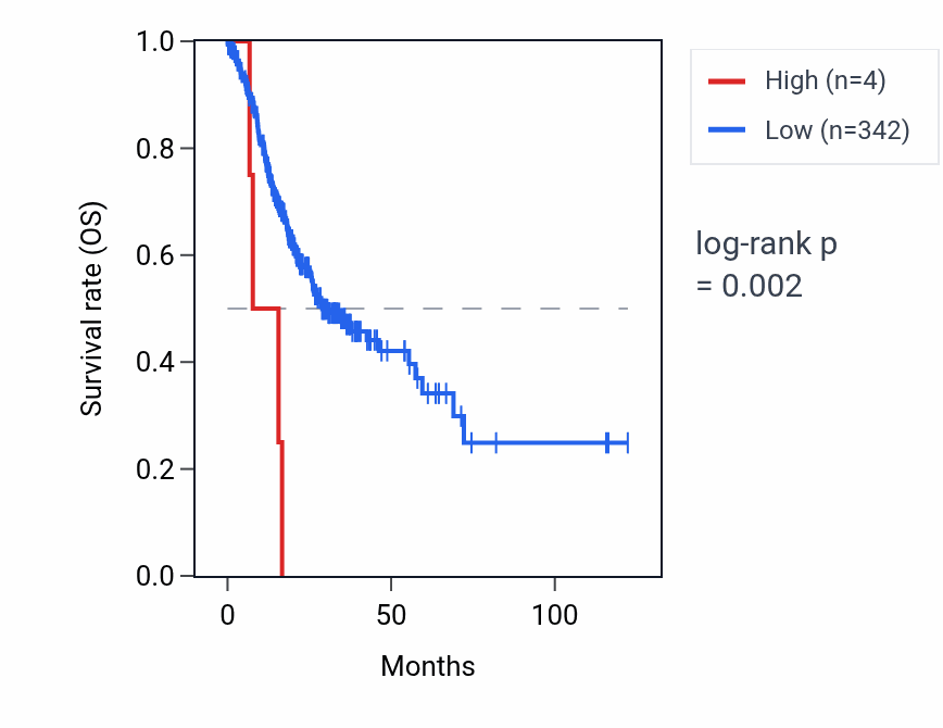 Kaplan&ndash;Meier survival curve for RNU6-382P RNA expression in STAD: high vs low expression groups.